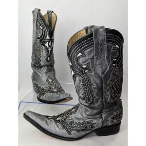 Joe Boots Mexico Silver Black Leather Western Boots Size 8EE |250868